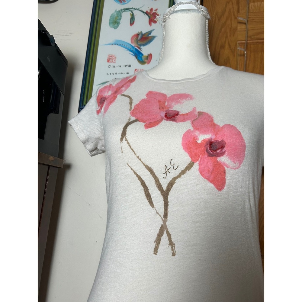 Y2K Vintage American Eagle Outfitters White Floral Graphic T-Shirt Baby Tee‎ M - Picture 2 of 7